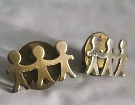 Vtg 2 Small Gold Tone Metal 3 Figures Holding Hands 3/4&quot; Pinback Lapel Pins - $12.19