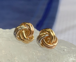 14K Yellow, White &amp; Rose Gold Knot Stud Earrings 1.16g Fine Jewelry Push Backs - £78.26 GBP