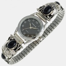 Navajo Black Onyx Ladies Stretch Band Watch Sterling Silver Tips s6-8 - £170.61 GBP