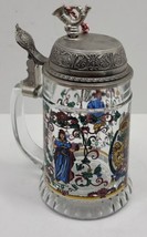 Vintage Glass Beer Stein Mug W/ Pewter Lid &amp; Music Box Handpainted Lion ... - £19.10 GBP