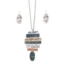 Hammered Multi Bar Oxidized Pendant Necklace and Earrings Set 30 Inch Chain - £11.14 GBP