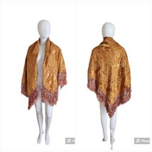Vintage 20s Silk Brocade Embroidery Gold Piano Shawl/tablecloth Tassel 45&quot;x45&quot; - £154.31 GBP
