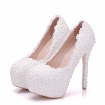 Pearl Lace White Wedding Shoes Women Party Sexy High Heels Platform Pumps Bridal - £65.49 GBP