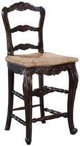 Counter Stool French Country Farmhouse Distressed Walnut Wood Carving, Rush Seat - £698.91 GBP