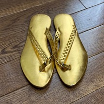 Handmade Wood Sole Flat Sandal Womens 5 Metallic Gold Slide On Flip Flop... - £8.00 GBP