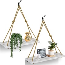 Wood Rope Hanging Floating Shelves Set Of 2, Hanging Shelves For Wall, White - £25.57 GBP