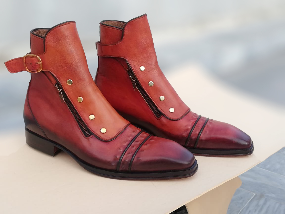 New Handmade Men Brown Leather Boot, Men Buckle Strap With Side Zipper Ankle Boo