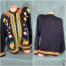 Lauren Hansen Halloween Medium Hand Knit Ugly Sweater Black Orange - £35.57 GBP