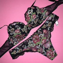 Victoria&#39;s Secret 34B,34DD,36C,36DD BRA SET thong BLACK hot pink floral applique - £63.22 GBP