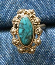 Ancient Style Faux Turquoise Silver-tone Ring 1970s vintage size 6 adjus... - $11.66