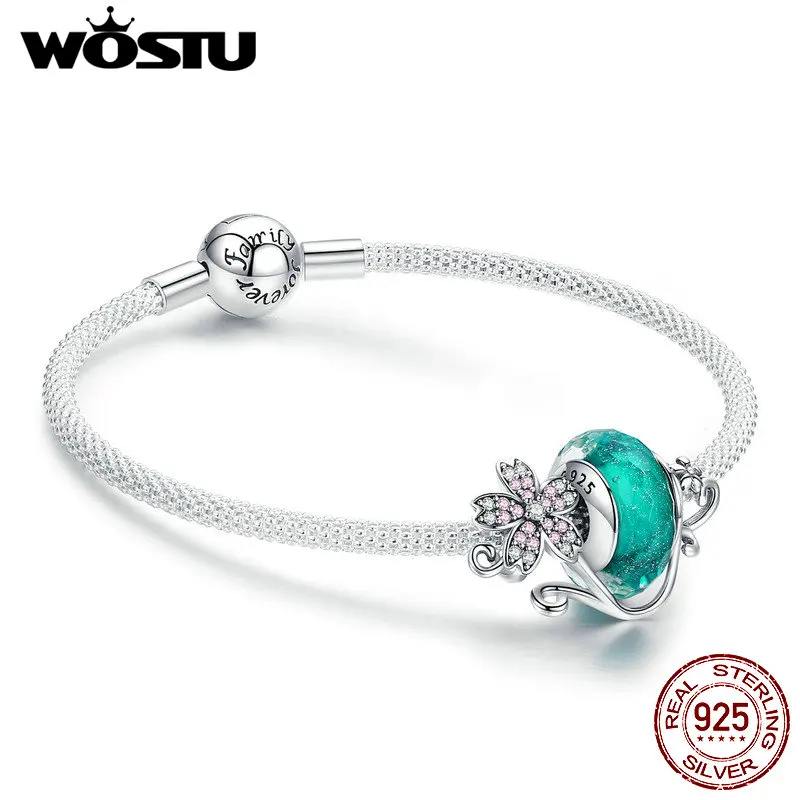 925 Sterling Silver Green Murano Beads Pink Flower Charm Bangles &amp; Bracelet For  - £46.64 GBP