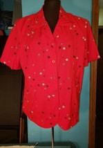 Vintage Spring Floral Daisy Red Blouse Linen Button Top Y2K 90’s Women&#39;s Size 12 - £15.65 GBP