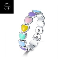 Rainbow Coloured Sweet Heart Band Ring Genuine Sterling Silver 925 With Enamel - £16.20 GBP
