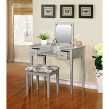 Silver Wooden 3 pc Vanity Set Mirror Table Stool Butterfly Bench Makeup Drawer - £366.02 GBP