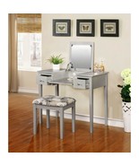 Silver Wooden 3 pc Vanity Set Mirror Table Stool Butterfly Bench Makeup ... - £349.93 GBP
