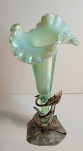 Single Horn Green Opalescent Vase Ribbed in a Metal Holder with  Leaves image 2