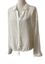 Chicos White Lacey Long Sleeve Button Blouse Top Sz 2 Collared Sheer Front Tie - £13.49 GBP