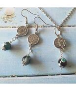 Agate silver coin jewelry set Silver set green blue black agate earrings... - $73.24 CAD