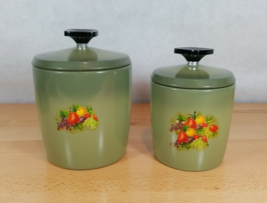 2 Vintage West Bend Avocado Green Metal Canisters with Floral Decal MCM - £14.38 GBP