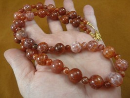(v718) Orange red white Fire Agate beaded gem gemstone bead 22&quot; long Necklace - £51.09 GBP