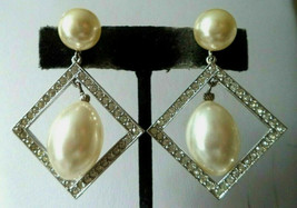 Vintage rhinestone faux pearl dangle drop screw earrings 2&quot; diamond shape - $19.79
