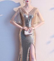 Deep-V Gold Sequin Dress Gown Women Plus Size High Split Sequin Maxi Dress image 2