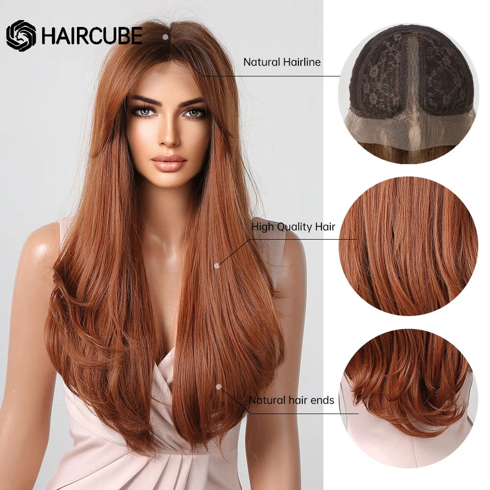 HAIRCUBE Long Straight Lace Front Synthetic Wigs Red Brown Copper Ginger Wigs - £49.36 GBP+