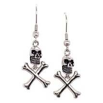 Jolly Roger Earrings Silver Stainless Steel Skull and Crossbones Dangle ... - £14.50 GBP