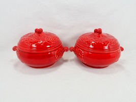 Sur La Table Bowls Poinsettia Garland 2 Lidded Crocks Made in Portugal Christmas - £27.20 GBP