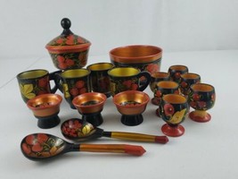 17 PC VTG Russian Made Khokhloma Wood Spoons, Bowl, Sets of Cups &amp; Lidde... - $125.00