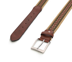 Mens belt brown pattern on vegan leather fabric blend buckle adjustable ... - $50.91