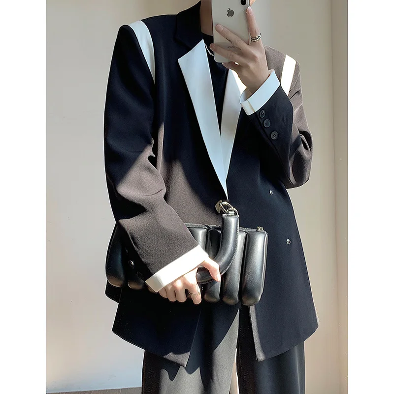 LANMREM Black Color Block Chic Design Blazers For Women Notched Long Sleeves Loo - £187.03 GBP