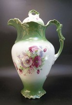 Antique Buffalo Pottery Chocolate Pot Porcelain Pitcher Pink Flowers Green - £117.68 GBP