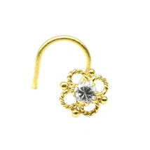 nose ring Single Florar CZ studded gold plated corkscrew piercing nose stud - £11.85 GBP