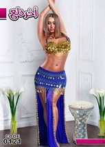 Sexy Egyptian Belly Dance Dress Long  Skirt Coins Embroidered Bra Gold &amp;Blue - $61.37