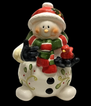 Snowman Cookie Jar With Cardinal Black Gloves Hat And Scarf Ceramic Christmas  - £46.21 GBP