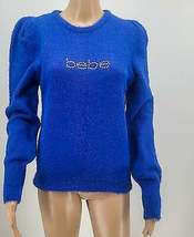 Bebe Womens Rhinestone Logo Blue Crew Neck Sweater, Size Medium - £43.16 GBP