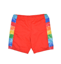 Vintage 80s Swim Short Mens M Red Rainbow Lined Palm Print Trunks USA Made - £11.40 GBP