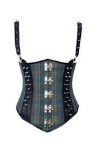 Blue Corset Checkered Cotton Leather Strap Gothic Halloween Costume Underbust - £57.54 GBP