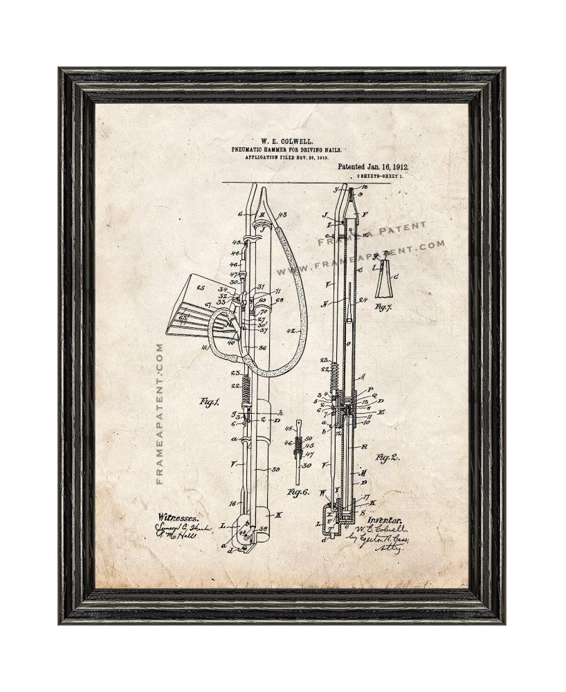 Pneumatic Hammer for Driving Nails Patent Print Old Look with Black Wood Frame