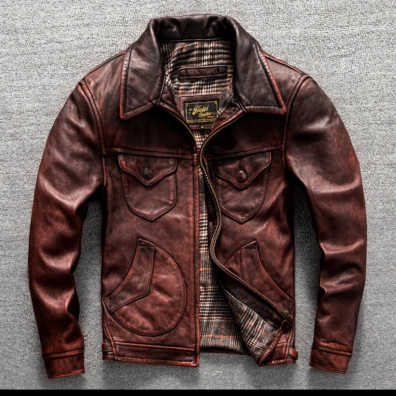 Red Brown Spring Leather Jacket Men Retro Vintage Style Jackets - $369.28 CAD