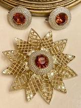 Vintage CATHE Brooch/Earrings Set Silver &amp; Gold Rhinestone Amber-Hard to... - £54.25 GBP