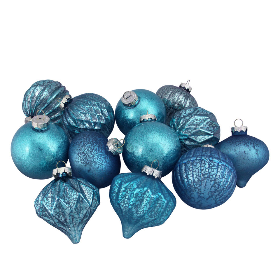 3.75" (95mm) 12ct Teal Blue 3-Finish Christmas Ornaments
