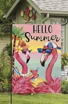 Hello Summer 2 Pink Flamingos  Double Sided Garden Flag ~ 12&quot; x 18&quot; ~ NEW! - £9.67 GBP