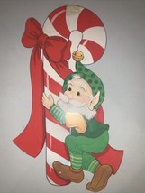 Vintage Christmas Die Cut Elf Candy Cane Wall Decoration 14 X 7 - £6.32 GBP