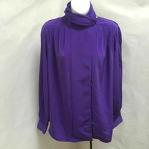 Foxcroft 10 Top Purple Pleated High Neck Hidden Button Long Sleeve Shirt - £18.62 GBP