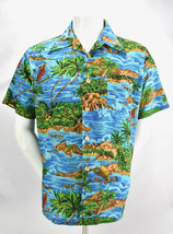 Vintage WAIKIKI 76 Mens Hawaiian Shirt Aqua Polynesian Canoe Large - £86.21 GBP