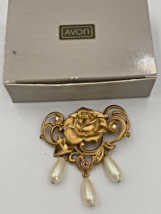 Vintage 1992 Avon Victorian Rose Pin Brooch Goldtone Faux Pearl - £11.09 GBP