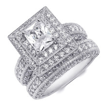 2.5 Carat Emerald Cut Bridal Engagement Ring Set w/ Matching Band Solid Silver - £75.82 GBP