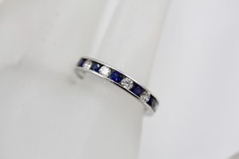 Fine 14K White Gold 3mm Blue &amp; Clear CZ Channel Set Eternity Band Ring Size 5 - £165.21 GBP